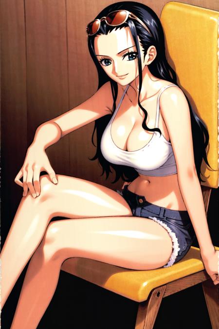 12268-438454569-oda eiichirou, 1girl, bare arms, bare shoulders, black hair, breasts, brown eyes, chair, cleavage, crossed legs, denim, drink, g.png